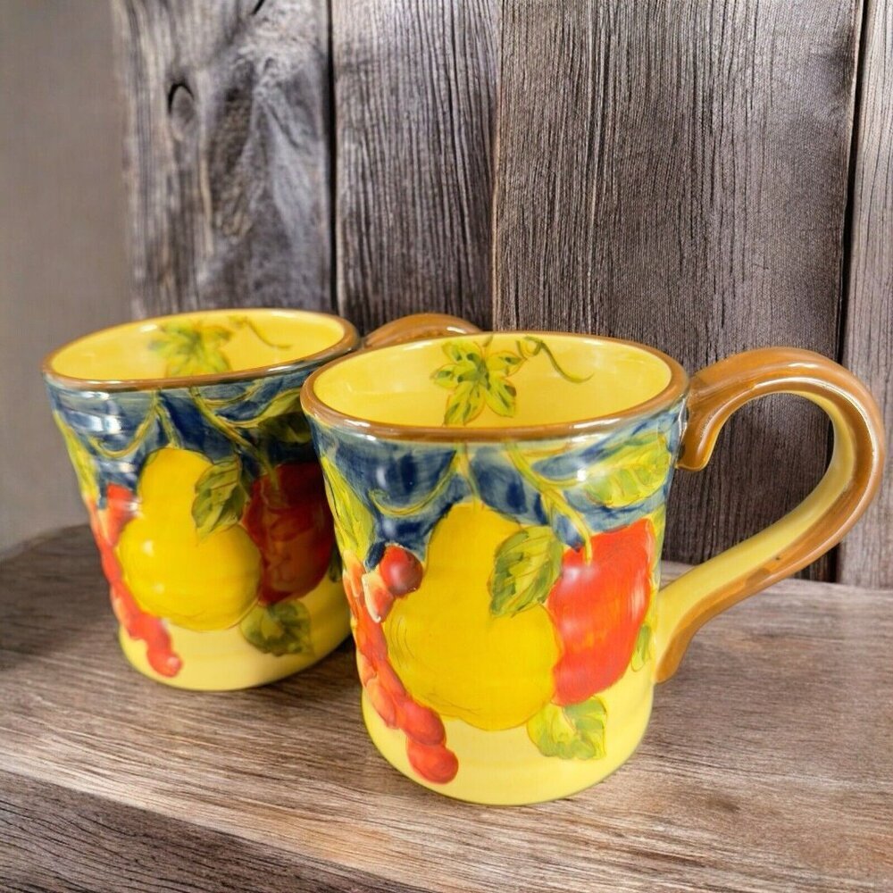 Large Oversized Coffee Mug Cup Ceramic Harvest Fruit Pattern Mugs Cups Set 2 VTG